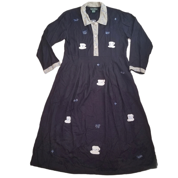 PAPY BOEZ Dress M/L Peasant Prairie Floral Teacups Embroidered Navy Blue - Picture 1 of 10
